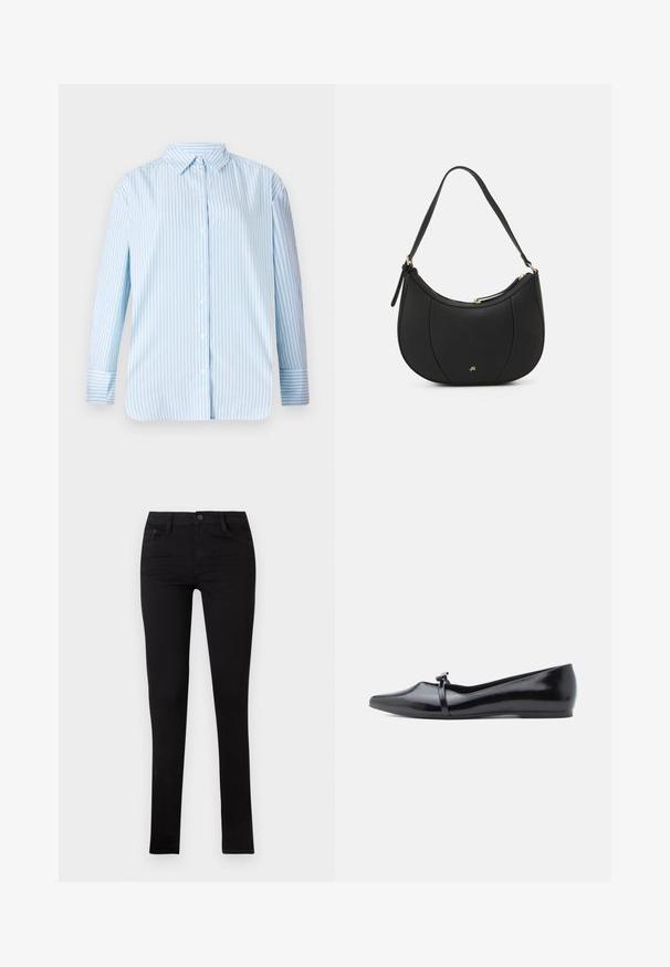 Blå og hvid stribet langærmet skjorte med knap-ned krave og lige skæring. Blødt stof med synlige knapper og mansjettdetaljer.; Sorte denim skinny jeans med lav talje, forlommer og knaplukning. Har en glat tekstur og minimalistisk design.; Sort laklæderballerina med spids tå, dekorativ rem og glat tekstur. Minimalistisk design uden synlige detaljer.; Sort læderhåndtaske med en buet form, struktureret overflade, forreste syninger og et logo i guldfarve. Har en enkelt justerbar rem.