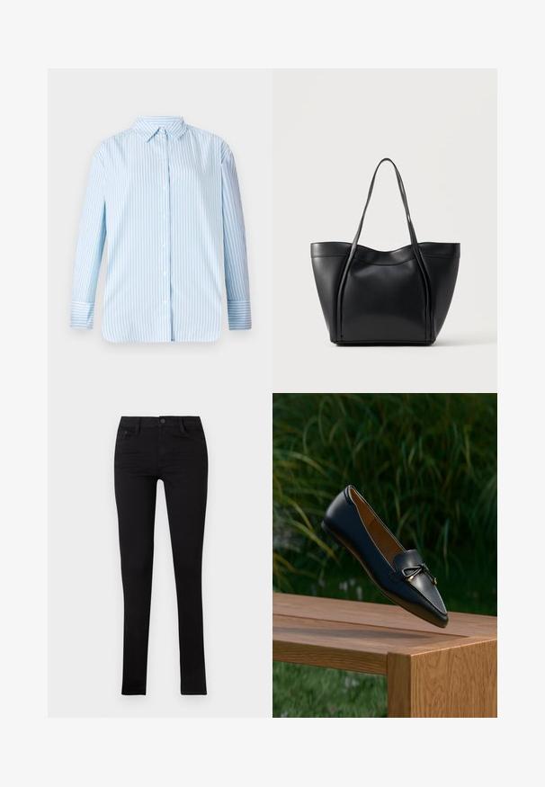 Blå og hvid stribet langærmet skjorte med knap-ned krave og lige skæring. Blødt stof med synlige knapper og mansjettdetaljer.; Sorte denim skinny jeans med lav talje, forlommer og knaplukning. Har en glat tekstur og minimalistisk design.; Sort læderloafer med detaljeret sløjfe, der svæver over en træbænk med grøn græs og planter i baggrunden.; Sort lædertaske med to lange håndtag og en let buet topkant, vist mod en ensfarvet lys baggrund.
