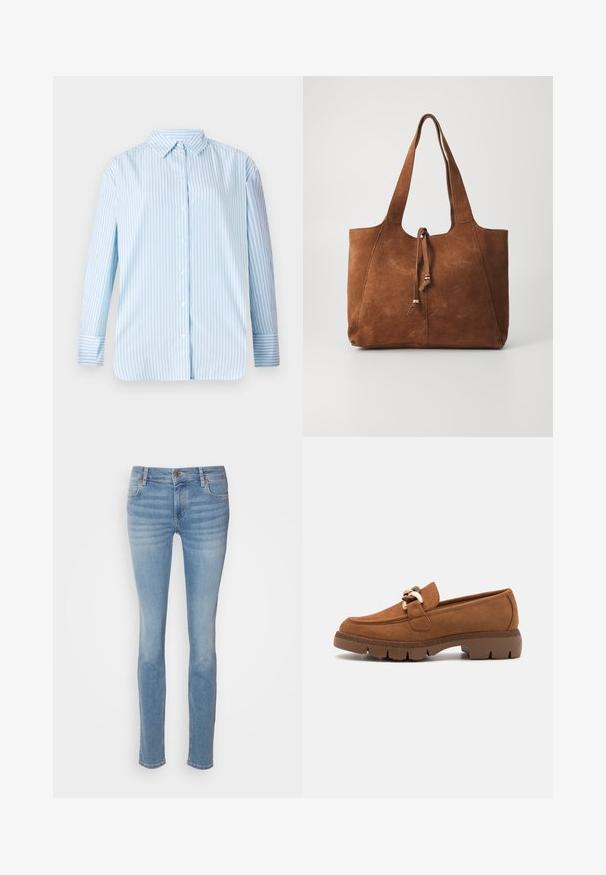 Camisa de manga larga a rayas azul y blanca con cuello abotonado y corte recto. Tejido suave con botones visibles y detalles en los puños.; Vaqueros ajustados color azul claro hechos de denim, con un diseño clásico de cinco bolsillos, cintura de media altura y un desgaste sutil a lo largo de las piernas.; Mocasines de ante marrón con un acento decorativo de cadena en tono dorado, que presentan una suela de goma texturizada y un diseño de punta redonda.; Bolso tote de ante marrón con dos asas largas, cierre de cordón y textura suave. Presenta un diseño sencillo y acentos mínimos.