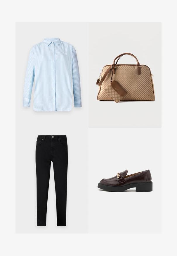 Blå og hvid stribet langærmet skjorte med knap-ned krave og lige skæring. Blødt stof med synlige knapper og mansjettdetaljer.; Sorte denim jeans med slim fit, der har frontknaplukning, bæltestropper og klassisk fem-lomme design. Glat tekstur.; Brune læder loafer med en guldaccent spænde, sort blokhælt og en glat tekstur. Sidevisningen viser en rund tå og stikninger.; Brun rejsetaske med mønster, dobbelte håndtag, aftagelig skulderrem og en matchende lille taske fastgjort foran.