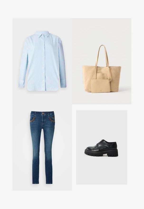 Blauw-wit gestreepte overhemd met lange mouwen, een button-down kraag en een rechte snit. Zachte stof met zichtbare knopen en details op de manchetten.; Donkerblauwe denim jeans met een slim fit. Voorzien van twee achterzakken met bruine accenten en een knoopsluiting. Subtiele vervaging op de benen.; Zwarte leren veterschoen met een ronde neus, dikke zwarte plateauzool en gestructureerde details op de rand van de zool.; Beige suède totebag met lange handvatten en bijpassend ritsvakje, afgebeeld op een effen witte achtergrond.