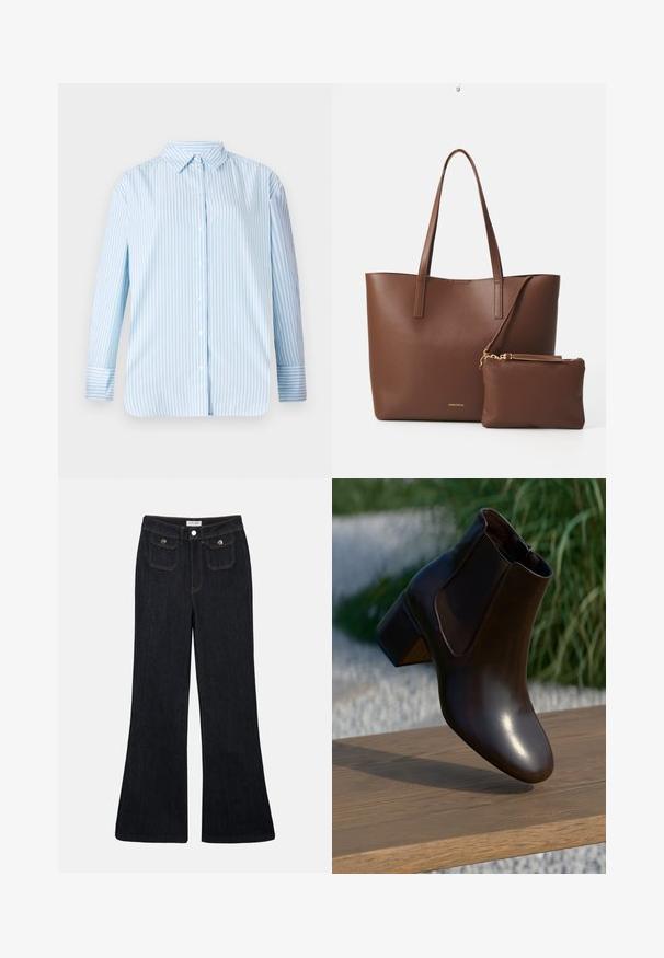 Camisa de manga larga a rayas azul y blanca con cuello abotonado y corte recto. Tejido suave con botones visibles y detalles en los puños.; Vaqueros de mezclilla oscuros de corte acampanado, con cintura alta, dos bolsillos delanteros y costuras naranjas. El material parece robusto y suave.; Botín de cuero marrón con punta redonda y un tacón bajo en bloque, que presenta paneles laterales elásticos y un acabado suave y brillante.; Bolso tote de imitación cuero marrón con dos asas largas y un pequeño bolso a juego. La superficie presenta un patrón texturizado y detalles en dorado.