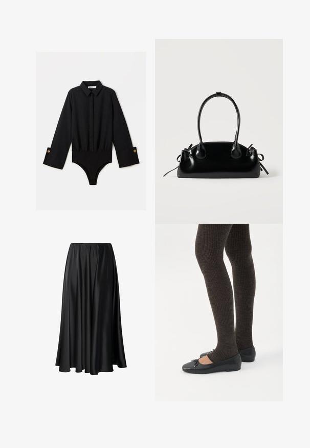 Bodysuit negro de manga larga con cuello de solapa, cierre de botones en la parte frontal y cintura elástica. Presenta puños anchos con botones en tono dorado.; Falda maxi negra de tejido suave, con una cinturilla elástica, silueta amplia y un dobladillo fluido sin patrones o detalles visibles.; Piernas con leggings oscuros acanalados combinados con bailarinas negras que presentan pequeños detalles de lazo sobre un fondo blanco.; Pequeño bolso negro brillante con dos asas largas y detalles de cordón lateral sobre un fondo claro liso.