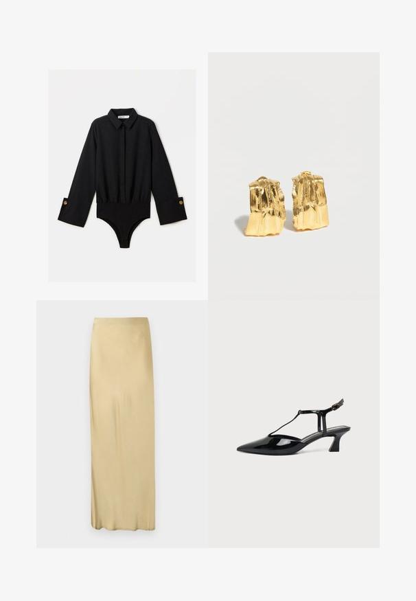 Body negro de manga larga con cuello, puños con botones y cierre a presión en la entrepierna, extendido sobre un fondo blanco.; Falda beige de talle alto y corte recto hasta el tobillo, con textura lisa y sin patrones ni adornos visibles.; Zapato slingback de cuero charol negro con punta fina, tira en T y tacón bajo en bloque inclinado sobre fondo blanco.; Par de pendientes de aro con forma abstracta dorada brillante con superficies irregulares y texturizadas sobre un fondo blanco liso.