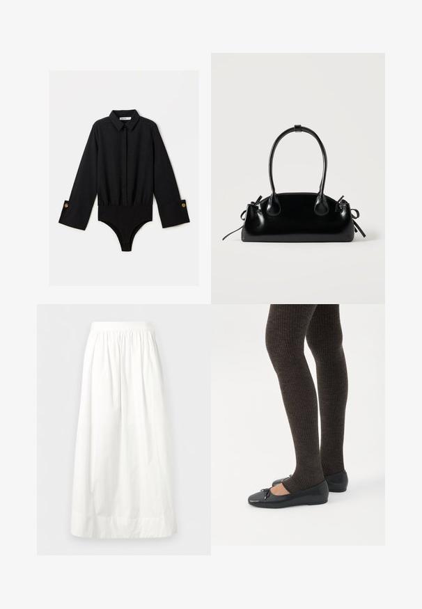 Bodysuit negro de manga larga con cuello de solapa, cierre de botones en la parte frontal y cintura elástica. Presenta puños anchos con botones en tono dorado.; Falda blanca hasta el tobillo con cintura elástica fruncida y tela suelta y fluida.; Piernas con leggings oscuros acanalados combinados con bailarinas negras que presentan pequeños detalles de lazo sobre un fondo blanco.; Pequeño bolso negro brillante con dos asas largas y detalles de cordón lateral sobre un fondo claro liso.