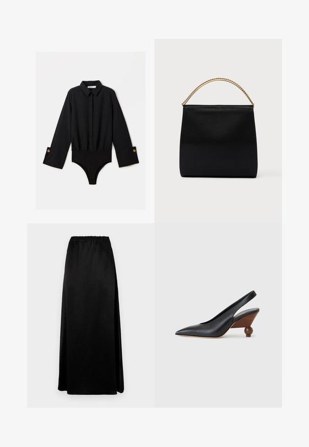 Bodysuit negro de manga larga con cuello de solapa, cierre de botones en la parte frontal y cintura elástica. Presenta puños anchos con botones en tono dorado.; Larga falda negra con una textura suave y arrugada y una cintura elástica. Presenta una abertura lateral que facilita el movimiento y una silueta elegante.; Zapato slingback negro de punta puntiaguda con tacón cuadrado redondeado de madera y parte superior de cuero liso sobre un fondo gris claro.; Bolso negro de tela suave, con forma estructurada, asa de cadena dorada y diseño geométrico minimalista.