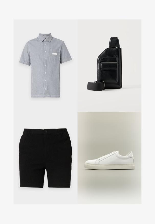 Chemise à manches courtes avec un motif rayé bleu et blanc, dotée d'une poche poitrine et d'un col classique. Fabriquée en tissu léger.; Shorts noirs en tissu texturé, avec une taille élastique et une fermeture à un bouton. Conçus pour un usage décontracté avec une coupe droite.; Baskets blanches basses à lacets sur l’avant et semelle épaisse, vues de côté sur un fond neutre.; Sac bandoulière en cuir noir avec deux compartiments zippés, une poche avant avec rabat et une sangle en tissu réglable sur fond blanc.
