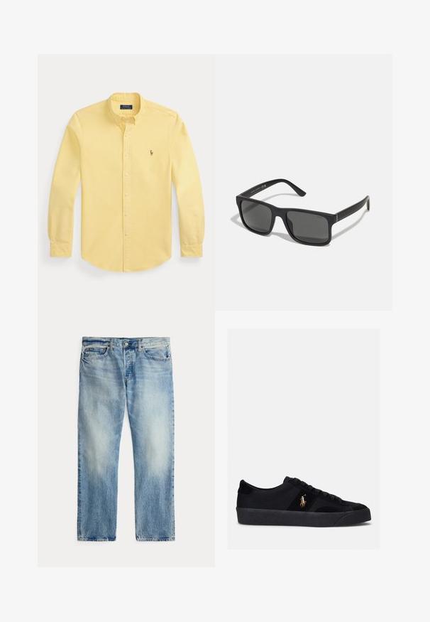 Gelbes langärmliges Hemd mit Knöpfen und Kragen sowie kleinem besticktem Logo auf der linken Brust, flach auf weißem Hintergrund gelegt.; Hellblaue gerade geschnittene Jeans aus Denim mit Vordertaschen und Knopfleiste, flach auf weißem Hintergrund liegend.; Schwarze Sneakers mit einem Obermaterial aus Stoff und Wildleder, runder Zehenpartie, flacher Gummisohle und gesticktem Logo an der Seite. Schnürdesign mit sechs Ösen.; Schwarze rechteckige Sonnenbrille mit dunklen Gläsern und matter Oberfläche. Enthält das eingeprägte "POLO"-Logo an den Bügeln und ein robustes Rahmendesign.