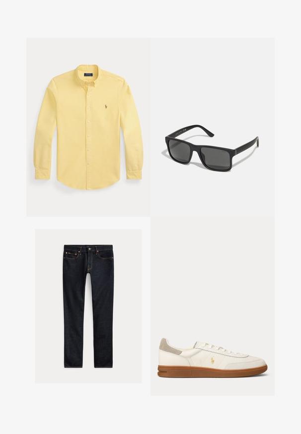 Žltá košeľa s dlhým rukávom na gombíky s golierom a malým vyšitým logom na ľavej strane hrude, položená na bielom pozadí.; Tmavomodré slim-fit džínsy s piatimi vreckami, zapínaním na gombíky a kontrastným prešívaním, položené na svetlom pozadí.; Biela kožená nízka teniska s hnedou gumovou podrážkou, béžovým semišovým náplasťou na päte a malým zlatým logom Polo na boku.; Čierne obdĺžnikové slnečné okuliare s tmavými sklami a matným povrchom. Obsahujú vyrazené logo "POLO" na ramenách a pevnú konštrukciu.