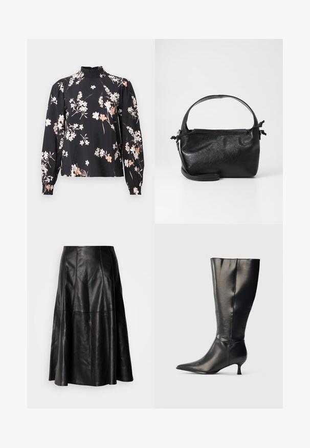 Mustvalge pluus, millel on pikad varrukad, lillemuster valgete ja virsikukarva toonides, kõrge volditud kaelus ja kogutud mansetid. Pehme, kerge kangas.; Mustrist mustriga mustriga, millel on nähtavad õmblused ja sile tekstuur. Keskmise pikkusega klassikalise lõikega.; Mustad põlvekõrgune nahast saabas terava nina ja madala kitsa kontsaga, esitatud lihtsal heledal taustal.; Must mustrikujundusega must nahast käekott, ümarate pealmiste käepidemete ja eemaldatava õlalihaga. Omab siledat tekstuuri ja peent sära.