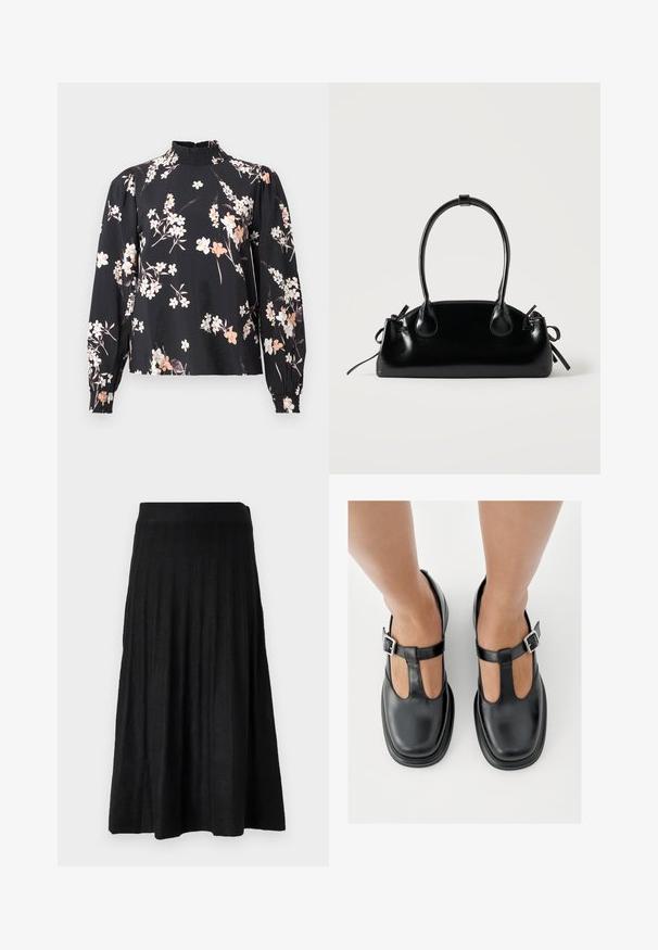 Blouse noire à manches longues, motif floral en blanc et pêche, col smocké haut et poignets froncés. Tissu doux et léger.; Jupe plissée noire en tissu doux, dotée d'une taille côtelée et d'un design fluide qui s'étend jusqu'à mi-mollet.; Chaussures en cuir noir avec un design à bride en T, bout fermé et accents de boucles argentées. Texture lisse avec un bout arrondi et une semelle plate.; Petit sac à main noir brillant avec deux longues anses et des détails à cordon sur les côtés sur un fond clair uni.