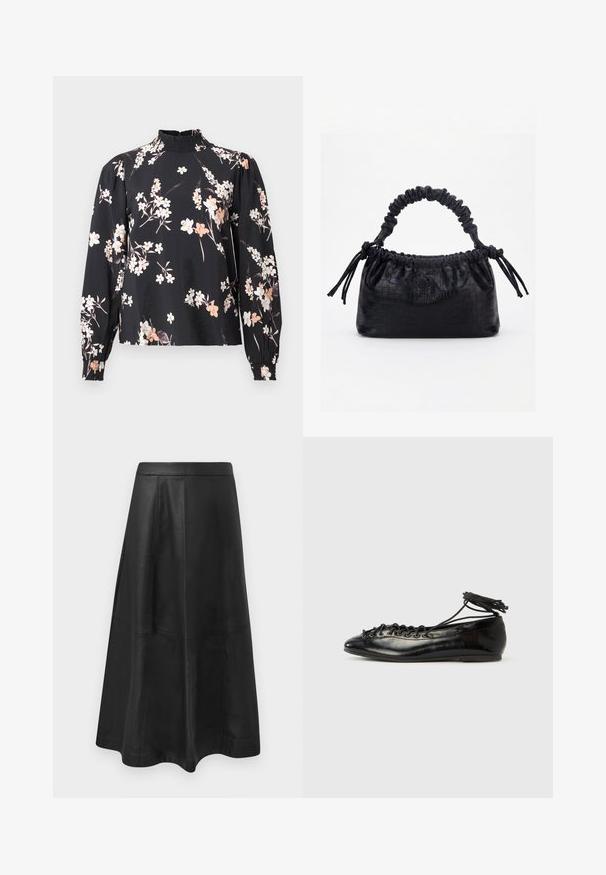 Blusa negra de mangas largas, con patrón floral en blanco y durazno, cuello alto con fruncido y puños fruncidos. Tela suave y ligera.; Falda midi de cuero negro con una silueta acampanada, que presenta detalles de costura y una textura lisa. Sin herrajes o acentos visibles.; Zapatos planos tipo ballet de charol negro con punta redondeada, diseño con cordones y suela plana. Textura lisa con detalles mínimos.; Bolso negro con textura de cocodrilo, borde superior fruncido, asa recogida y cordones con borlas en cada lado sobre un fondo blanco.