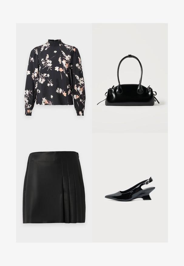 Blouse noire à manches longues, motif floral en blanc et pêche, col smocké haut et poignets froncés. Tissu doux et léger.; Jupe mini en faux cuir noir avec un devant lisse et des plis sur le côté droit, équipée d'une fermeture éclair au dos.; Chaussure slingback en cuir verni noir avec bout pointu et petit talon bloc incliné sur fond clair uni.; Petit sac à main noir brillant avec deux longues anses et des détails à cordon sur les côtés sur un fond clair uni.