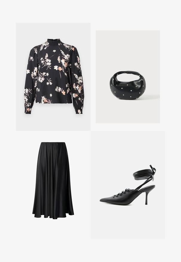 Blouse noire à manches longues, motif floral en blanc et pêche, col smocké haut et poignets froncés. Tissu doux et léger.; Jupe maxi noire en tissu lisse, dotée d'une taille élastique, d'une silhouette ample et d'un ourlet fluide sans motifs ni détails visibles.; Chaussure à talon haut noire à bout pointu avec laçage à l'avant et brides enroulées autour de la cheville nouées en nœud, vue de côté sur fond blanc.; Sac à main en cuir noir de forme arrondie, décoré de clous argentés et équipé d'une poignée courte. Texture lisse et fermeture éclair.