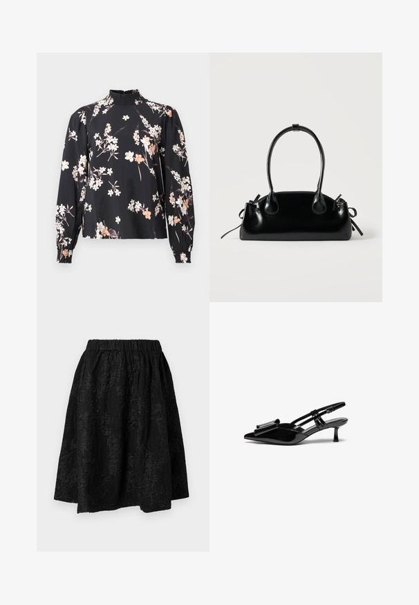 Blusa negra de mangas largas, con patrón floral en blanco y durazno, cuello alto con fruncido y puños fruncidos. Tela suave y ligera.; Falda negra con cintura elástica, con patrones florales texturizados. La tela parece ligera y ligeramente arrugada.; Zapatos de tacón slingback de charol negro con punta afilada, detalle de lazo en el frente y un pequeño tacón de aguja. Las correas tienen hebillas ajustables.; Pequeño bolso negro brillante con dos asas largas y detalles de cordón lateral sobre un fondo claro liso.