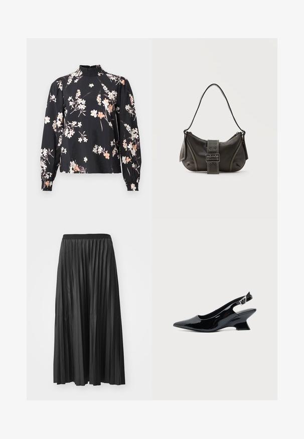Blusa negra de mangas largas, con patrón floral en blanco y durazno, cuello alto con fruncido y puños fruncidos. Tela suave y ligera.; Falda larga negra plisada con una textura suave y cinturilla elástica, que presenta pliegues verticales que crean volumen y movimiento.; Zapato slingback de cuero charol negro con puntera puntiaguda y tacón bajo en bloque inclinado sobre fondo claro liso.; Bolso de hombro de cuero negro con detalle de correa con hebilla, bordes curvos y costuras blancas en contraste sobre un fondo liso.
