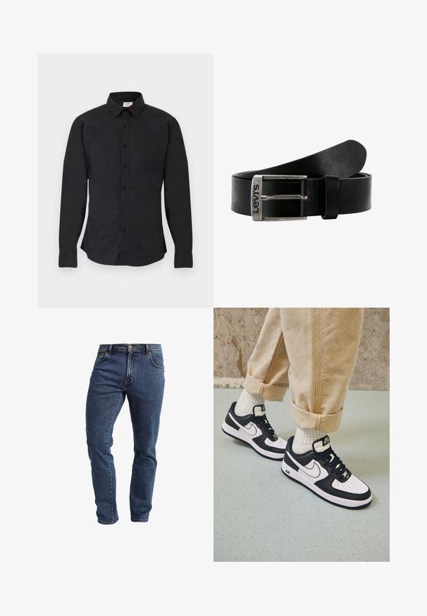 Schwarzes, langärmeliges Hemd zum Knöpfen mit Kragen, geknöpften Manschetten und einem kleinen Logo auf der linken Brustseite, auf einer flachen Oberfläche dargestellt.; Dunkelblaue Slim-Fit-Denim-Jeans mit fünf Taschen und Kupferknopfverschluss, auf weißem Hintergrund präsentiert.; Schwarz-weiße Nike Air Force 1 Sneaker mit einem Obermaterial aus Leder, perforierter Zehenpartie und strukturiertem Sohlendesign, getragen mit aufgerollten beigen Hosen und weißen Socken.; Schwarzer Leder-Gürtel mit einer silbernen rechteckigen Schnalle. Die Schnalle ist vorne mit dem eingeprägt "Levi's"-Logo versehen. Glatte Textur.