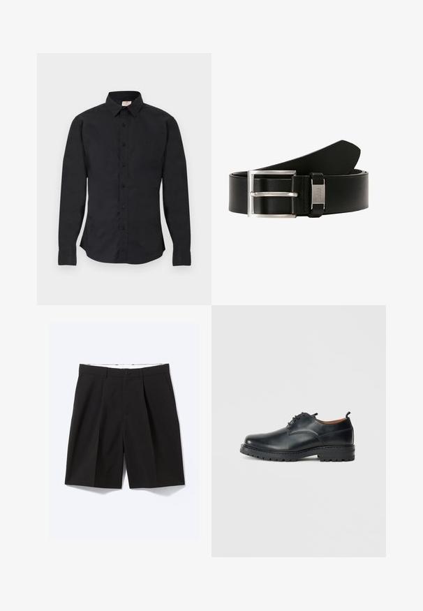Zwarte blouse met lange mouwen, knoopsluiting, kraag, knoopmanchetten en een klein logo aan de linkerkant van de borst, tentoongesteld op een vlakke ondergrond.; Zwarte op maat gemaakte knielange short met riemlussen, zijzakken, knoopsluiting en voorplooien, plat gelegd op een witte achtergrond.; Zwarte leren derby schoenen met een gladde textuur, ronde neus, vetersluiting en een dikke, robuuste rubberen zool.; BOSS CONNIO - Zakelijke riem - black