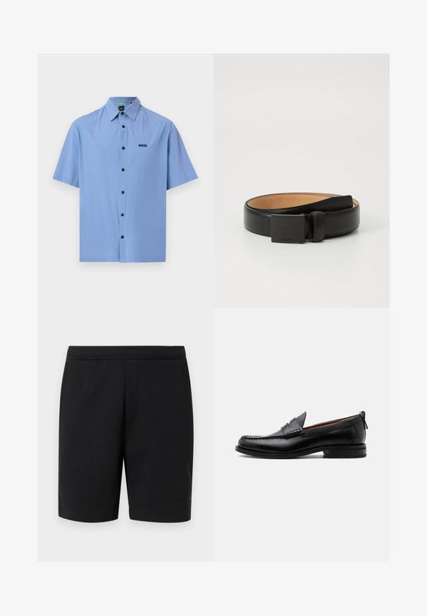Chemise à manches courtes bleu clair avec col pointu et boutons noirs, présentant un petit logo "BOSS" noir sur la poitrine gauche.; Short noir longueur genou avec taille plate et détail discret de couture avant, présenté sur un fond clair uni.; Mocassin homme en cuir noir avec couture moc toe, bride penny, col texturé et petit talon empilé sur fond blanc.; Ceinture en cuir noir avec une finition lisse, dotée d'une boucle rectangulaire en métal noir et d'une doublure intérieure beige. Design simple et classique.