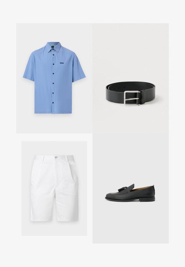 Chemise à manches courtes bleu clair avec col pointu et boutons noirs, présentant un petit logo "BOSS" noir sur la poitrine gauche.; Short blanc mi-long jusqu'aux genoux avec plis à l'avant, poches latérales, passants pour ceinture et fermeture par bouton à la taille.; Mocassin pour homme en cuir noir avec pompons, bout arrondi, petit talon et languette à l'arrière, présenté de profil sur un fond gris clair.; Ceinture en cuir noir à finition lisse, avec une boucle rectangulaire en métal argenté et plusieurs trous de réglage.