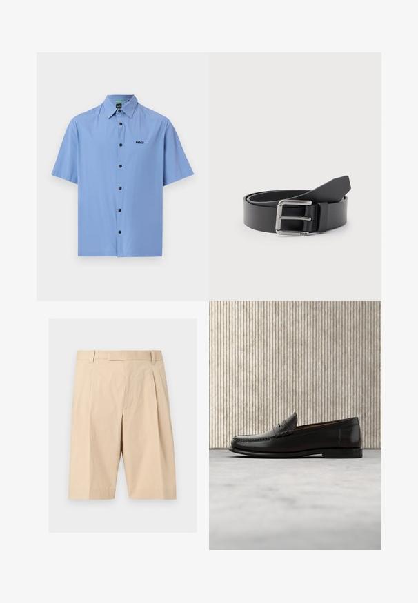 Chemise à manches courtes bleu clair avec col pointu et boutons noirs, présentant un petit logo "BOSS" noir sur la poitrine gauche.; Shorts beige mi-long cintrés avec passants pour ceinture, plis à l'avant et fermeture éclair cachée sur le devant.; Mocassin penny en cuir noir avec talon bas, bout arrondi et détails cousus à l'avant et sur les côtés, présenté sur un fond neutre.; Ceinture en cuir noir enroulée avec une boucle métallique rectangulaire argentée gravée "BOSS" sur un fond gris clair.