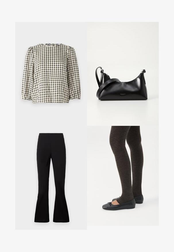 Blusa a cuadros en negro y beige con escote redondo, mangas largas abullonadas y detalle de dobladillo fruncido. Confeccionada en una tela ligera.; Pantalones acampanados negros hechos de una tela suave. Presentan una cintura alta y una silueta ajustada que se ensancha en el dobladillo.; Piernas con leggings oscuros acanalados combinados con bailarinas negras que presentan pequeños detalles de lazo sobre un fondo blanco.; Bolso de mano de cuero negro con una textura suave. Cuenta con una correa ajustable y un diseño elegante y minimalista con cierre de cremallera.