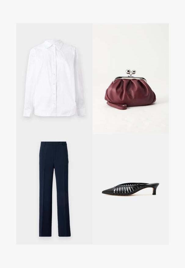 Chemise blanche à manches longues à bouton en coton, avec un col pointu et une coupe droite au toucher lisse.; Pantalons bleu marine en tissu lisse, présentant un design à jambe droite avec des plis avant et des poches latérales pour une allure soignée.; Mule en cuir noir avec bout pointu, design découpé à brides et petit talon kitten sur fond blanc.; Petit sac pochette en cuir bordeaux avec fermoir métallique argenté et bracelet sur fond blanc.