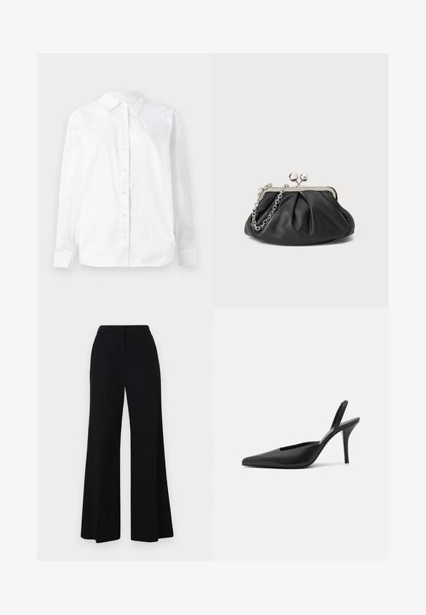 Chemise blanche à manches longues à bouton en coton, avec un col pointu et une coupe droite au toucher lisse.; Pantalon large noir avec une taille haute, tissu lisse et lignes épurées. Pas de matériel visible ni de motifs.; Chaussures à talons noires à bride arrière avec un bout pointu, en cuir lisse, et un design épuré et minimaliste. Talon aiguille haut.; Porte-monnaie en cuir noir avec texture froncée, cadre en métal argenté, fermeture à verrouillage kiss-lock et bandoulière en chaîne. Surface lisse et douce.