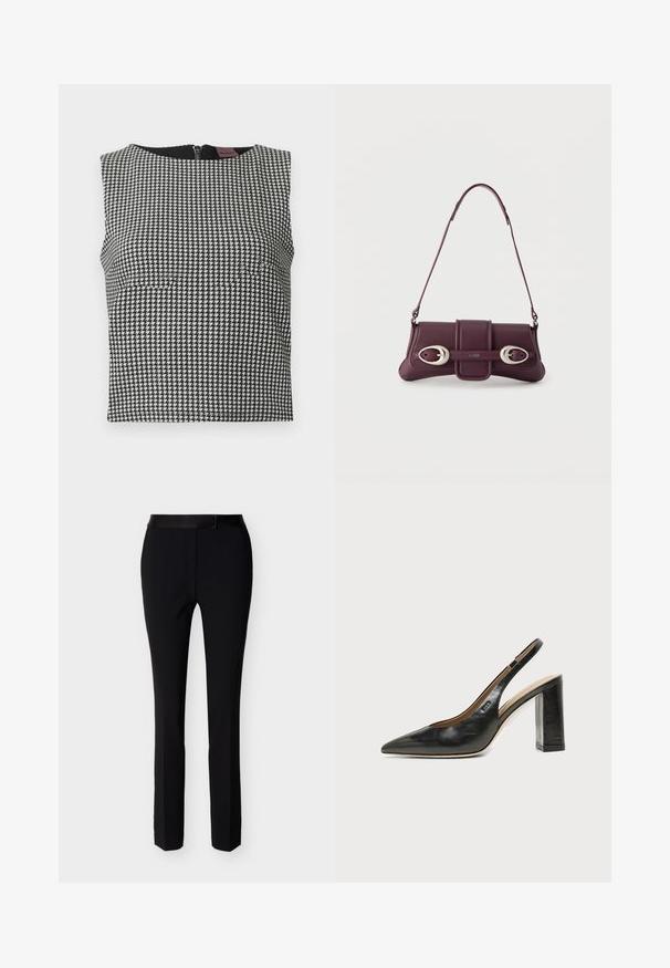 Haut sans manches noir et blanc à motif pied-de-poule avec un col rond et une fermeture éclair au dos. Fabriqué en tissu texturé.; Pantalon slim noir formel avec fermeture éclair à l'avant et taille avec ceinture, conçu pour un look ajusté et soigné.; Chaussure slingback en cuir noir à bout pointu avec un talon bloc haut et une doublure intérieure beige sur un fond clair uni.; Sac à bandoulière en cuir violet foncé avec boucles ovales argentées et logo "HUGO" sur le rabat avant, bandoulière fine, design minimaliste.