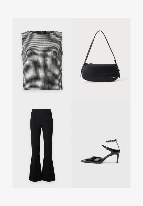 Haut sans manches noir et blanc à motif pied-de-poule avec un col rond et une fermeture éclair au dos. Fabriqué en tissu texturé.; Pantalon noir à taille haute évasé avec des coutures verticales à l'avant et des jambes larges, présenté sur un fond clair uni.; Talons en cuir verni noir avec un bout pointu, des sangles de cheville ajustables et un talon fin. Texture lisse avec une finition brillante.; Sac à épaule en cuir noir avec rabat incurvé, logo doré "HUGO" sur le devant, et une bandoulière réglable.
