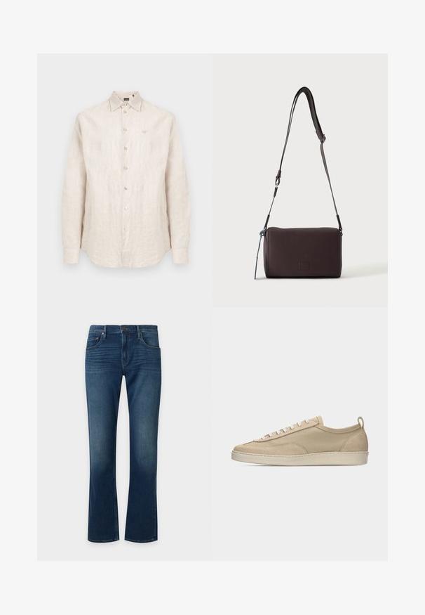 Chemise en lin beige à manches longues avec boutons, col et logo brodé subtil sur la poitrine gauche.; Jean bleu à coupe droite avec poches avant et fermeture par bouton, montrant une légère décoloration au niveau des cuisses et des genoux.; Baskets beige basses avec tige en tissu et daim, lacets blancs, semelle en caoutchouc et languette à l'arrière, présentées en profil latéral sur fond blanc.; Sac bandoulière en cuir marron foncé texturé avec une sangle réglable et un petit accent décoratif bleu sur le côté.