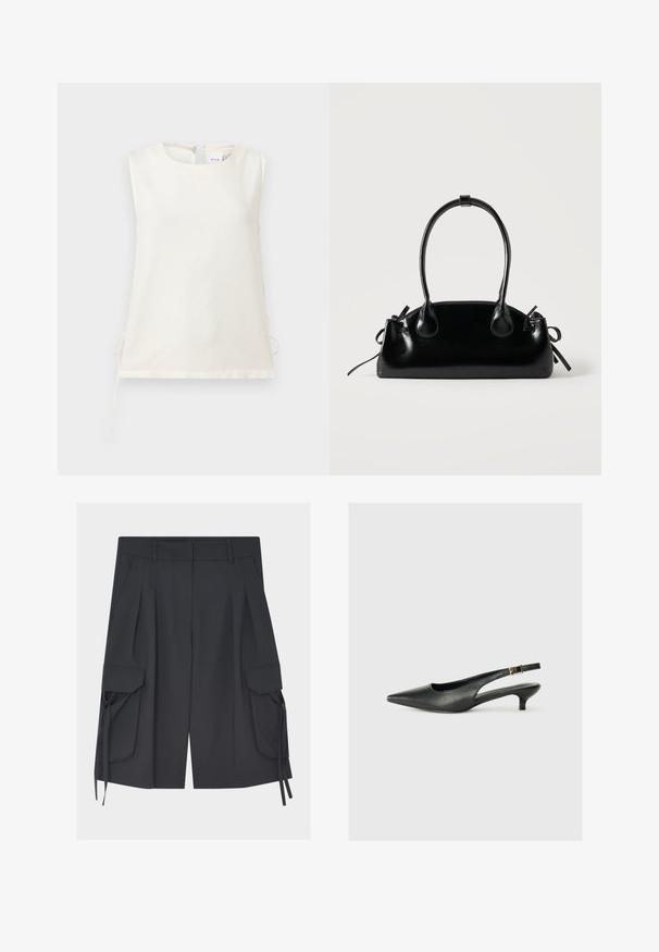 Blouse blanche sans manches avec encolure ronde et liens latéraux, fabriquée en tissu lisse, présentée sur un fond clair uni.; Short cargo noir longueur genou avec plis, passants de ceinture, poches latérales inclinées et poches à rabat avec liens réglables sur chaque jambe.; Chaussure slingback noire à bout pointu en cuir lisse. Présente un talon fin et un détail de boucle sur la sangle réglable.; Petit sac à main noir brillant avec deux longues anses et des détails à cordon sur les côtés sur un fond clair uni.