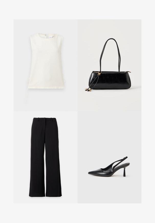 Blouse blanche sans manches avec encolure ronde et liens latéraux, fabriquée en tissu lisse, présentée sur un fond clair uni.; Pantalon noir à jambes larges avec passants pour ceinture et fermeture avant par bouton sur un fond uni clair.; Chaussure à talon haut en cuir noir, à bride arrière, avec un bout pointu et un talon fin sur fond blanc.; Sac à main rectangulaire noir avec deux longues bandoulières, détail anneau doré et fermeture éclair sur un fond clair uni.