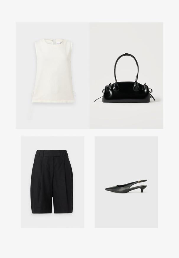 Blouse blanche sans manches avec encolure ronde et liens latéraux, fabriquée en tissu lisse, présentée sur un fond clair uni.; Shorts noirs taille haute ajustés, avec passants de ceinture, plis à l’avant et fermeture éclair dissimulée.; Chaussure slingback noire à bout pointu en cuir lisse. Présente un talon fin et un détail de boucle sur la sangle réglable.; Petit sac à main noir brillant avec deux longues anses et des détails à cordon sur les côtés sur un fond clair uni.
