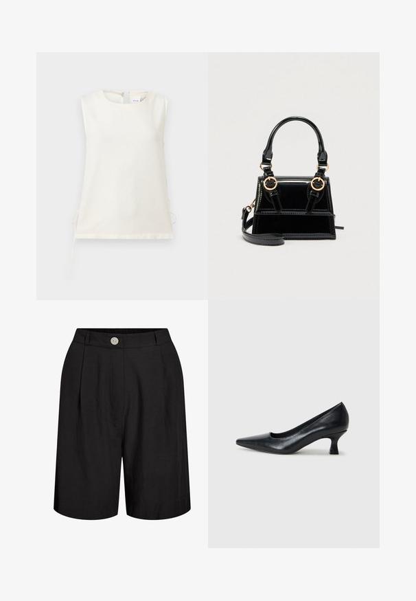 Blouse blanche sans manches avec encolure ronde et liens latéraux, fabriquée en tissu lisse, présentée sur un fond clair uni.; Short noir taille haute sur mesure avec plis à l'avant, passants pour ceinture et une seule fermeture par bouton blanc à la taille.; Pompe en cuir noir avec un bout pointu et un petit talon carré. Texture lisse, lignes épurées, design simple sans motifs ni ornements visibles.; Sac à main en cuir verni noir avec ferrures dorées, double poignées supérieures et une bandoulière ajustable. Design structuré avec coutures accentuées.