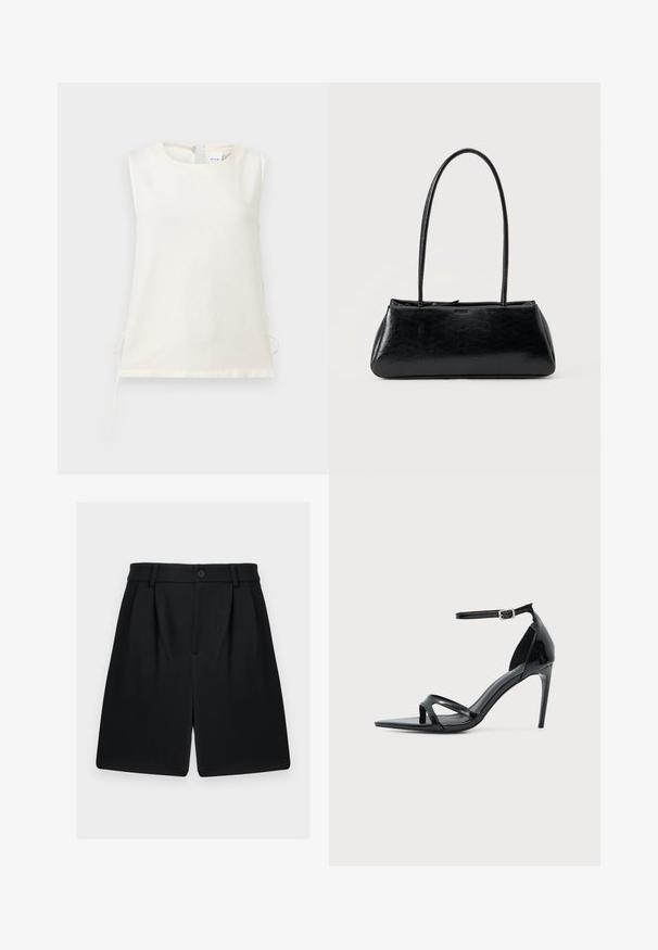 Blouse blanche sans manches avec encolure ronde et liens latéraux, fabriquée en tissu lisse, présentée sur un fond clair uni.; Shorts noirs sur mesure longueur genou avec passants de ceinture, plis devant, fermeture par boutons et fermeture éclair dissimulée.; Sandale à talon haut en cuir verni noir avec fine bride à la cheville, bout ouvert et design minimaliste sur fond clair uni.; Sac à épaule rectangulaire noir avec de longues bretelles fines et une texture lisse et brillante sur un fond uni.