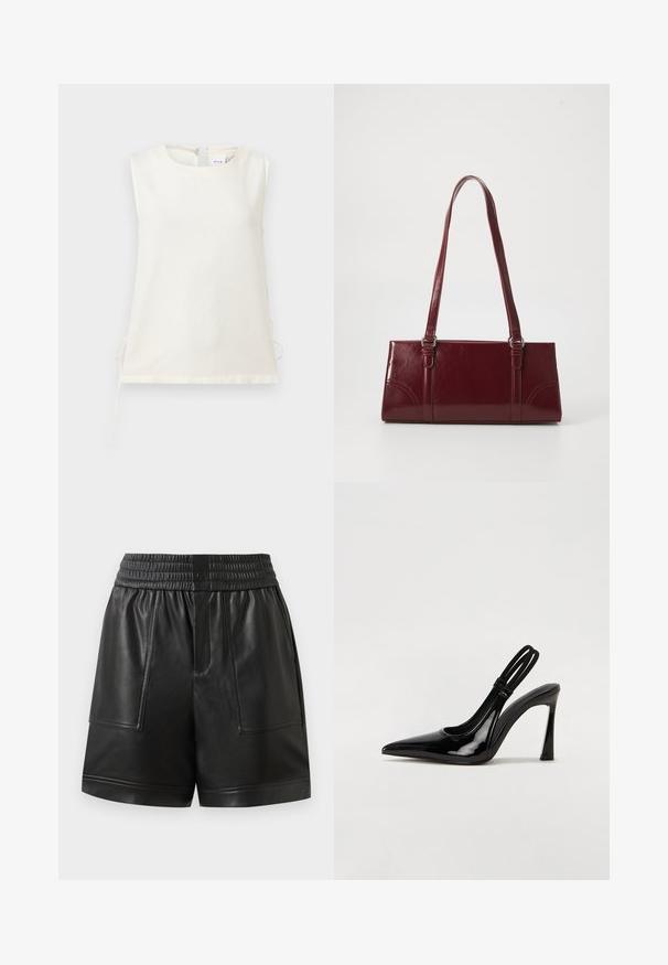 Blouse blanche sans manches avec encolure ronde et liens latéraux, fabriquée en tissu lisse, présentée sur un fond clair uni.; Shorts en simili cuir noir avec taille élastique, bouton-pression à l'avant, grandes poches plaquées devant et ourlet droit.; Escarpin en cuir verni noir à talon aiguille, à bout pointu, avec une sangle élastique double pour un maintien sécurisé. Surface lisse et brillante.; Sac à main bordeaux en matériau brillant, de forme rectangulaire, avec deux anses et des accents légèrement courbés à l'avant.