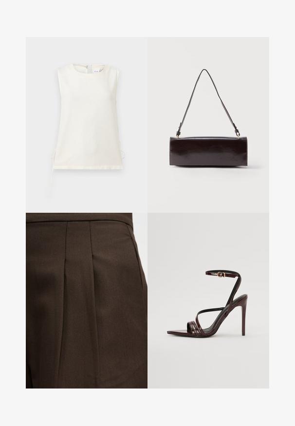 Blouse blanche sans manches avec encolure ronde et liens latéraux, fabriquée en tissu lisse, présentée sur un fond clair uni.; Vêtement brun foncé sur mesure avec un détail de plis verticaux sur une surface de tissu lisse.; Sandale à talons hauts en cuir verni bourgogne avec une bride de cheville, bout pointu et trois bandes horizontales sur le pied. Détail de boucle dorée.; Sac à main rectangulaire en cuir noir avec une longue bandoulière unique et une finition brillante, présenté sur un fond blanc uni.