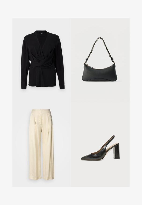 Haut enveloppant noir en tissu doux, avec des manches longues, un décolleté en V et une ceinture nouée mettant en valeur la taille. Texture lisse.; Pantalon en soie crème taille haute avec plis, jambes larges et fermeture éclair avant dissimulée sur un fond blanc uni.; Chaussure slingback en cuir noir à bout pointu avec un talon bloc haut et une doublure intérieure beige sur un fond clair uni.; Sac à bandoulière en cuir noir de forme rectangulaire incurvée, avec une chaîne dorée tissée dans la bandoulière noire tressée et une fermeture éclair sur le dessus.