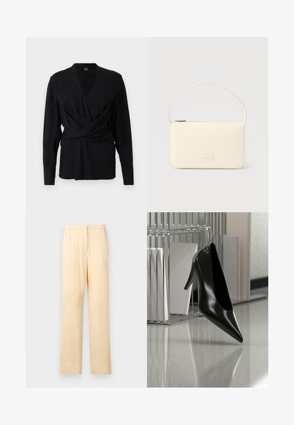 Top negro de envoltura hecho de una tela suave, con mangas largas, un escote en V y un cinturón atado que acentúa la cintura. Textura suave.; Pantalones sueltos de color amarillo claro con un sutil estampado de hojas. Cuentan con una cinturilla elástica y un diseño de pierna recta. Textura suave.; Zapato de tacón alto negro con punta afilada y logo dorado, colocado sobre una superficie reflectante cerca de un organizador de archivos de alambre cromado con documentos.; Bolso rectangular color crema con una sola correa y cremallera superior, con una pequeña placa de logotipo en relieve en el frente.