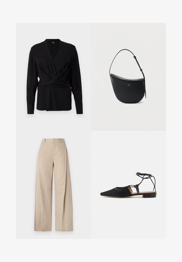 Top negro de envoltura hecho de una tela suave, con mangas largas, un escote en V y un cinturón atado que acentúa la cintura. Textura suave.; Pantalones de lino beige de pierna ancha con cintura alta, que presentan una textura suave y líneas limpias, diseñados para un ajuste relajado.; Zapato plano negro con punta afilada, parte superior texturizada, lazos en los tobillos y un tacón bajo cuadrado. Presenta un patrón sutil en el material.; Bolso de hombro de cuero negro en forma de media luna, con correa ajustable y logo dorado "BOSS" centrado en el frente.