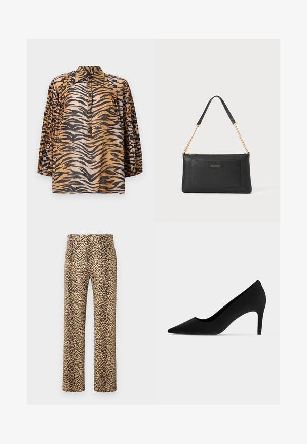 Blouse à manches longues avec manches plissées, motif imprimé tigre aux nuances d'orange, noir et beige, et patte de boutonnage à l'avant avec col pointu.; Pantalon droit taille haute à imprimé léopard, avec poches avant et fermeture par bouton.; Chaussure à talon haut noire à bout pointu avec un talon fin et une finition mate et lisse, vue de profil sur fond blanc.; Pochette en cuir noir avec une texture en relief, bandoulière en chaîne dorée et une poche avant. Elle arbore un logo doré sur le devant.