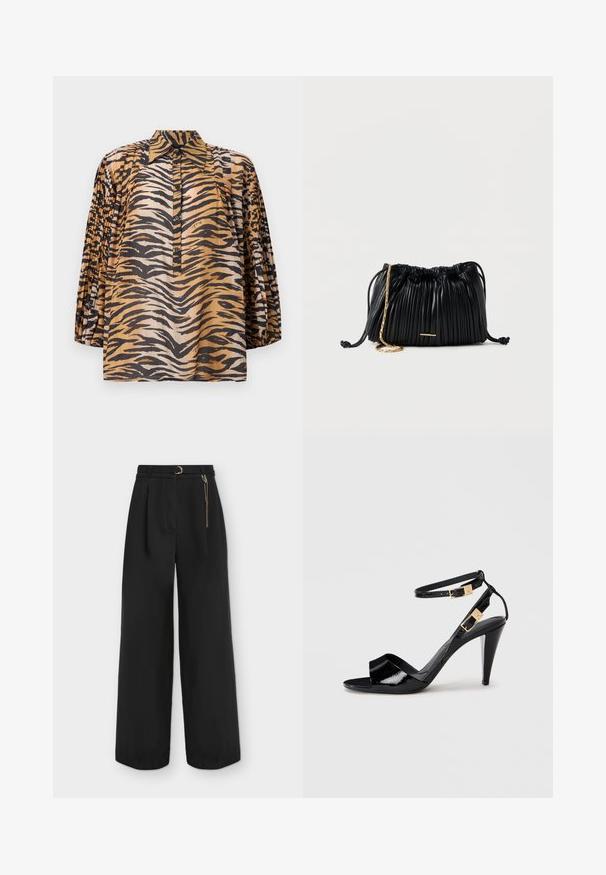 Blouse à manches longues avec manches plissées, motif imprimé tigre aux nuances d'orange, noir et beige, et patte de boutonnage à l'avant avec col pointu.; Pantalon noir taille haute à jambes larges avec plis, ceinture assortie avec boucle dorée et accessoire chaîne dorée sur le côté droit.; Sandale à talon haut en cuir verni noir avec double bride de cheville et boucles dorées, bout ouvert, et talon effilé sur fond neutre.; Sac à main en cuir noir plissé avec cordon de serrage, bandoulière chaîne dorée et petit accent horizontal doré sur le devant.