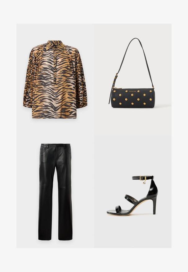 Blouse à manches longues avec manches plissées, motif imprimé tigre aux nuances d'orange, noir et beige, et patte de boutonnage à l'avant avec col pointu.; Pantalons en cuir noir avec une coupe droite, dotés d'une taille à boutons, de cinq poches et de coutures visibles le long des coutures.; Sandale en cuir verni noir avec trois brides, boucle de cheville et talon aiguille de 10 cm. Présente un détail en métal doré et un charm logo.; Sac à main cylindrique noir avec des clous dorés et une bandoulière réglable, avec le logo "Michael Kors" en doré sur le devant.
