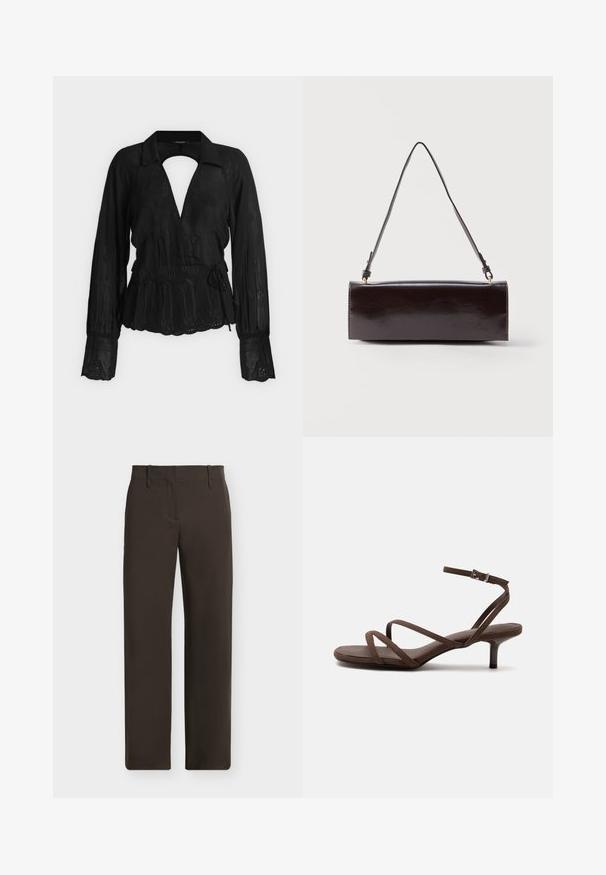 Blouse noire à manches longues avec col, découpe en V profond, ourlet festonné, ceinture à la taille et motifs floraux brodés sur tissu transparent.; Pantalon droit marron foncé avec passants pour ceinture et poches avant, présenté à plat sur un fond clair.; Sandale marron à talons hauts avec fines lanières croisées et bride de cheville avec boucle argentée sur fond blanc.; Sac à main rectangulaire en cuir noir avec une longue bandoulière unique et une finition brillante, présenté sur un fond blanc uni.