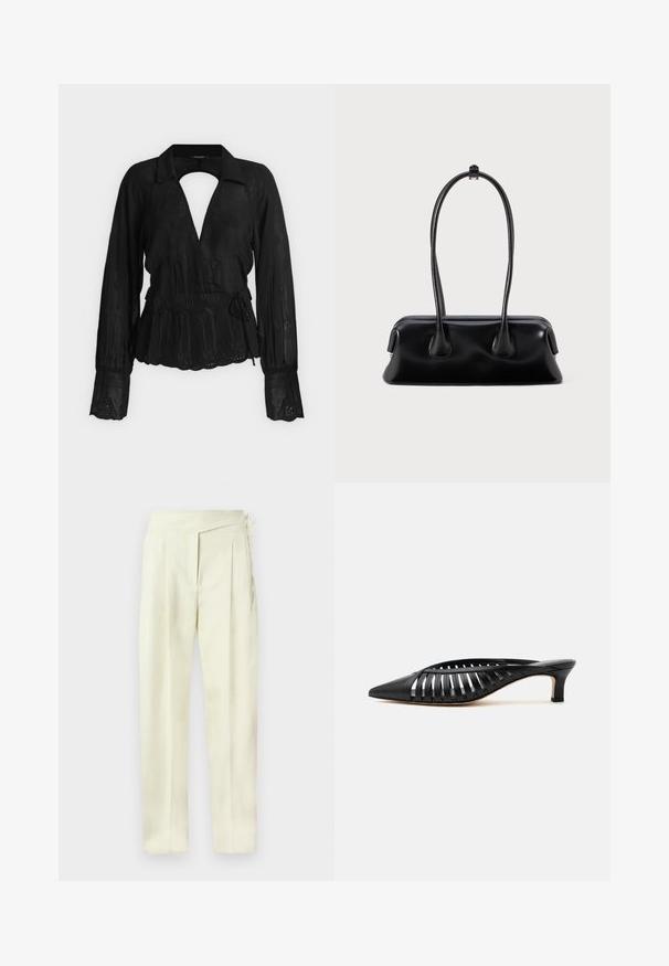Blouse noire à manches longues avec col, découpe en V profond, ourlet festonné, ceinture à la taille et motifs floraux brodés sur tissu transparent.; Pantalon taille haute couleur crème, coupe ajustée avec plis, fermeture latérale et jambes droites, sur fond uni.; Mule en cuir noir avec bout pointu, design découpé à brides et petit talon kitten sur fond blanc.; Sac à main en cuir noir avec deux poignées allongées, une texture lisse et une base arrondie, ornée d'accents décoratifs sur les côtés.