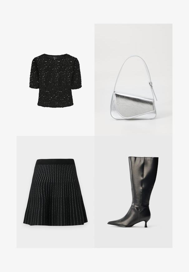 Haut noir à manches courtes recouvert de sequins, avec un col rond et une texture douce. Mis en valeur par des reflets scintillants et une coupe décontractée.; Jupe noire en mailles texturées avec des rayures argentées en zigzag, conçue avec une silhouette évasée et une taille noire solide.; Botte en cuir noire montant jusqu'au genou, avec un bout pointu et un petit talon bas, présentée sur un fond clair uni.; Sac à main en métal argenté de forme triangulaire, texture lisse et fine bandoulière réglable. Présente un design rabat avec couture.