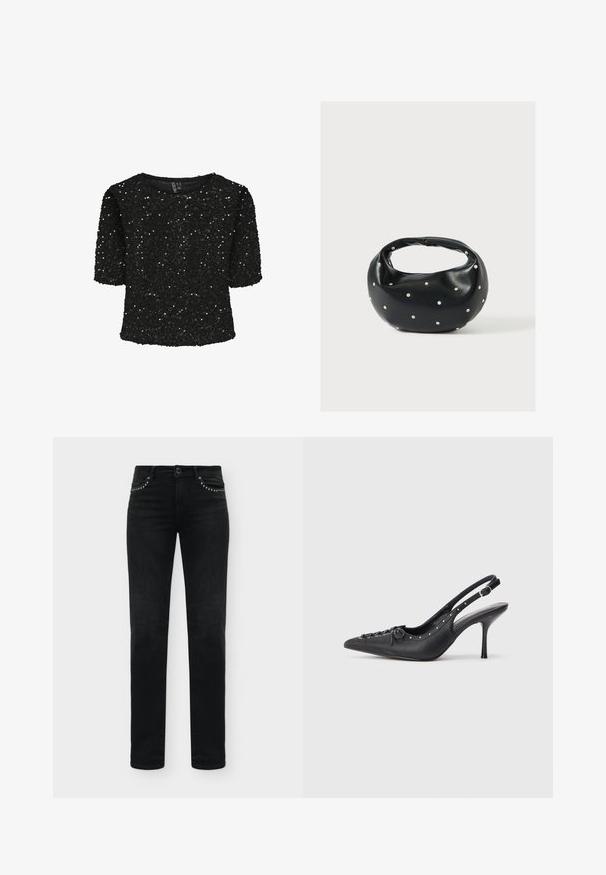 Zwarte korte mouwen top bedekt met pailletten, met een ronde halslijn en een zachte textuur. Versterkt met glans en een relaxte pasvorm.; Zwarte slim-fit jeans met studs op de voorzakken en klassieke vijf-zakken stijl.; Zwarte leren slingback stiletto met spitse neus, zijgesp met gesp, studs langs de rand en decoratieve veters aan de voorkant.; Zwarte leren handtas met een afgeronde vorm, versierd met zilveren studs, en een korte handgreep. Gladde textuur en ritsluiting.