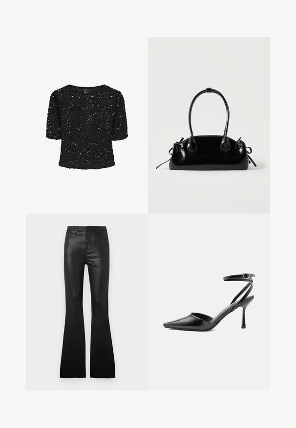 Haut noir à manches courtes recouvert de sequins, avec un col rond et une texture douce. Mis en valeur par des reflets scintillants et une coupe décontractée.; Pantalons évasés noirs en matériau lisse et brillant. Comprend des poches avant et une fermeture à bouton. Ajustement cintré au niveau de la taille et des hanches.; Escarpin noir à bout pointu avec fines brides de cheville et fermeture à boucle argentée sur fond clair uni.; Petit sac à main noir brillant avec deux longues anses et des détails à cordon sur les côtés sur un fond clair uni.