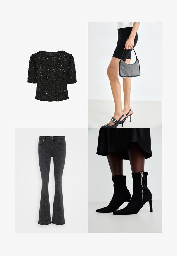 Haut noir à manches courtes recouvert de sequins, avec un col rond et une texture douce. Mis en valeur par des reflets scintillants et une coupe décontractée.; Jean noir évasé en denim, orné de clous métalliques sur l'ensemble. Cinq poches et fermeture à bouton à l'avant.; Bottines noires avec un corps en tissu extensible, un bout pointu et une fermeture éclair sur le côté, montées sur un talon slim et haut.; Sac à main à perles noires avec une silhouette courbée, une poignée de transport et une texture brillante. Porté avec des chaussures à talons hauts noires et un short noir ajusté.
